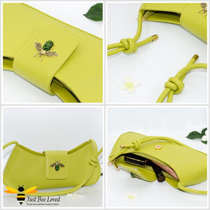 Green leather underarm armpit knot strap shoulder bag with bee embellishment