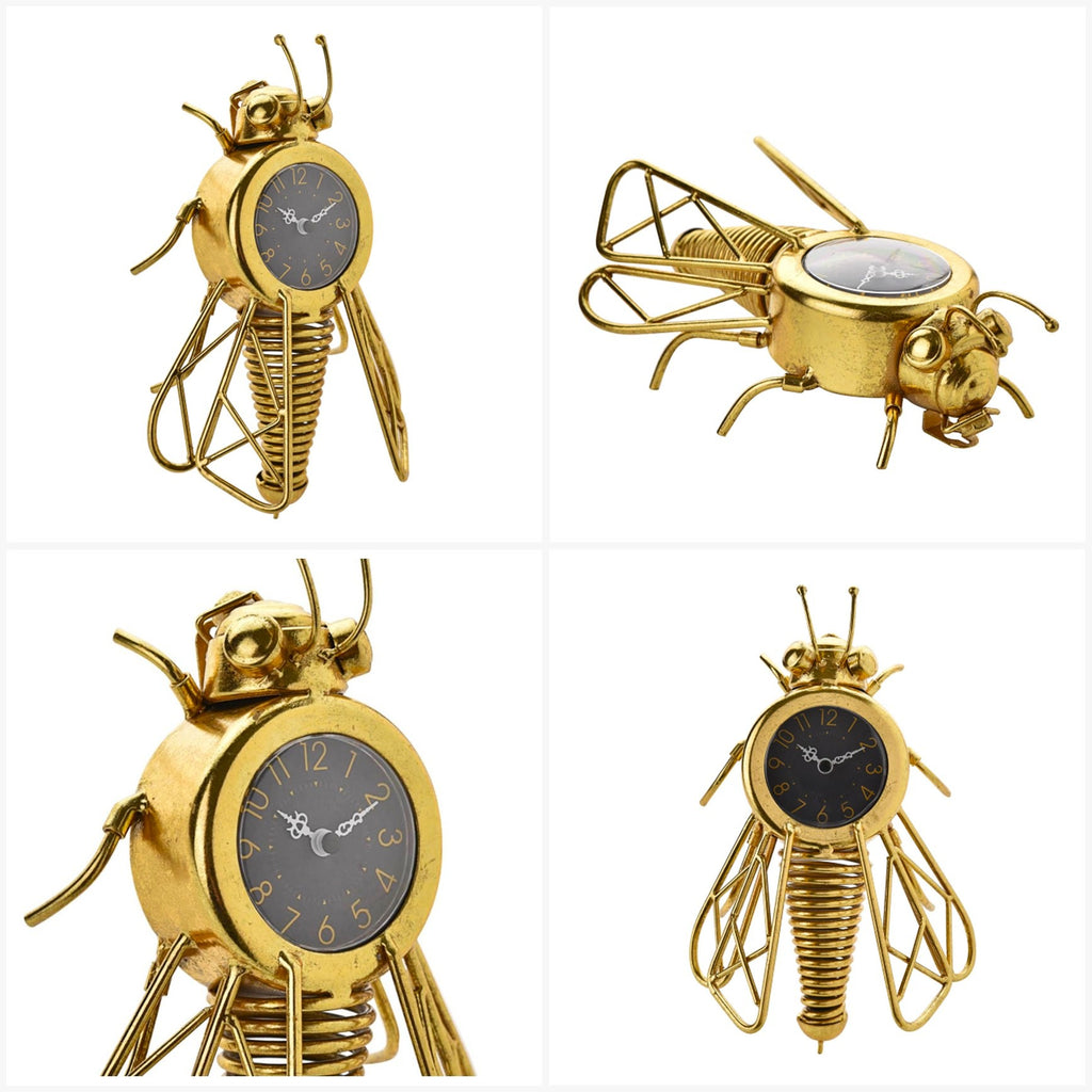 Gallery of a gold metal bee shaped wall clock.
