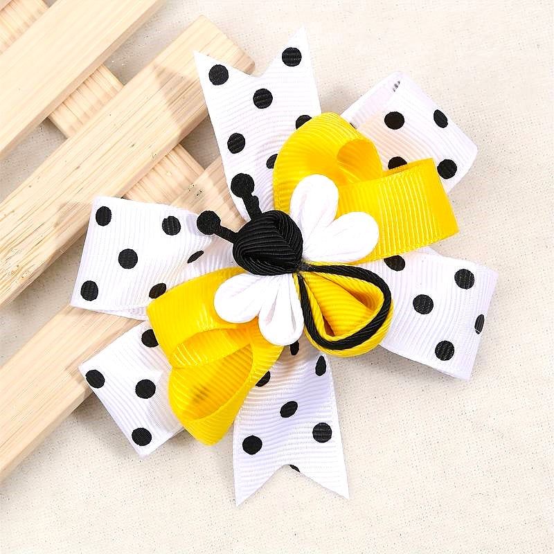 White yellow double bow hair clip with bumble bee