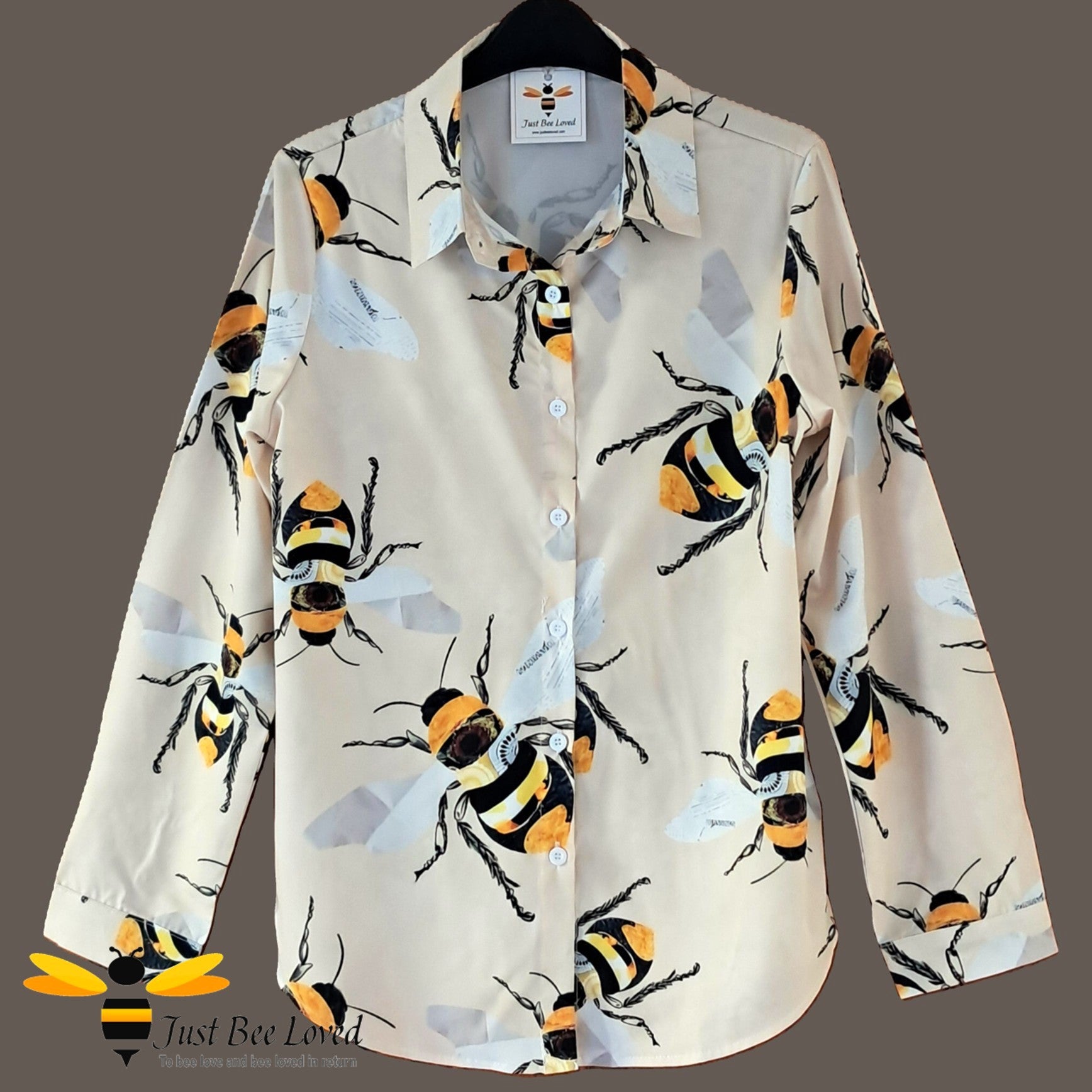 Women's bee print beige pastel orange blouse shirt top