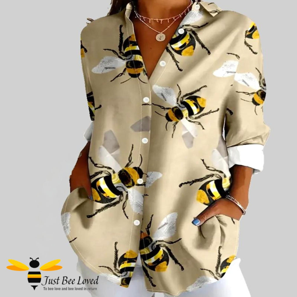 Women's bee print beige pastel orange blouse shirt top