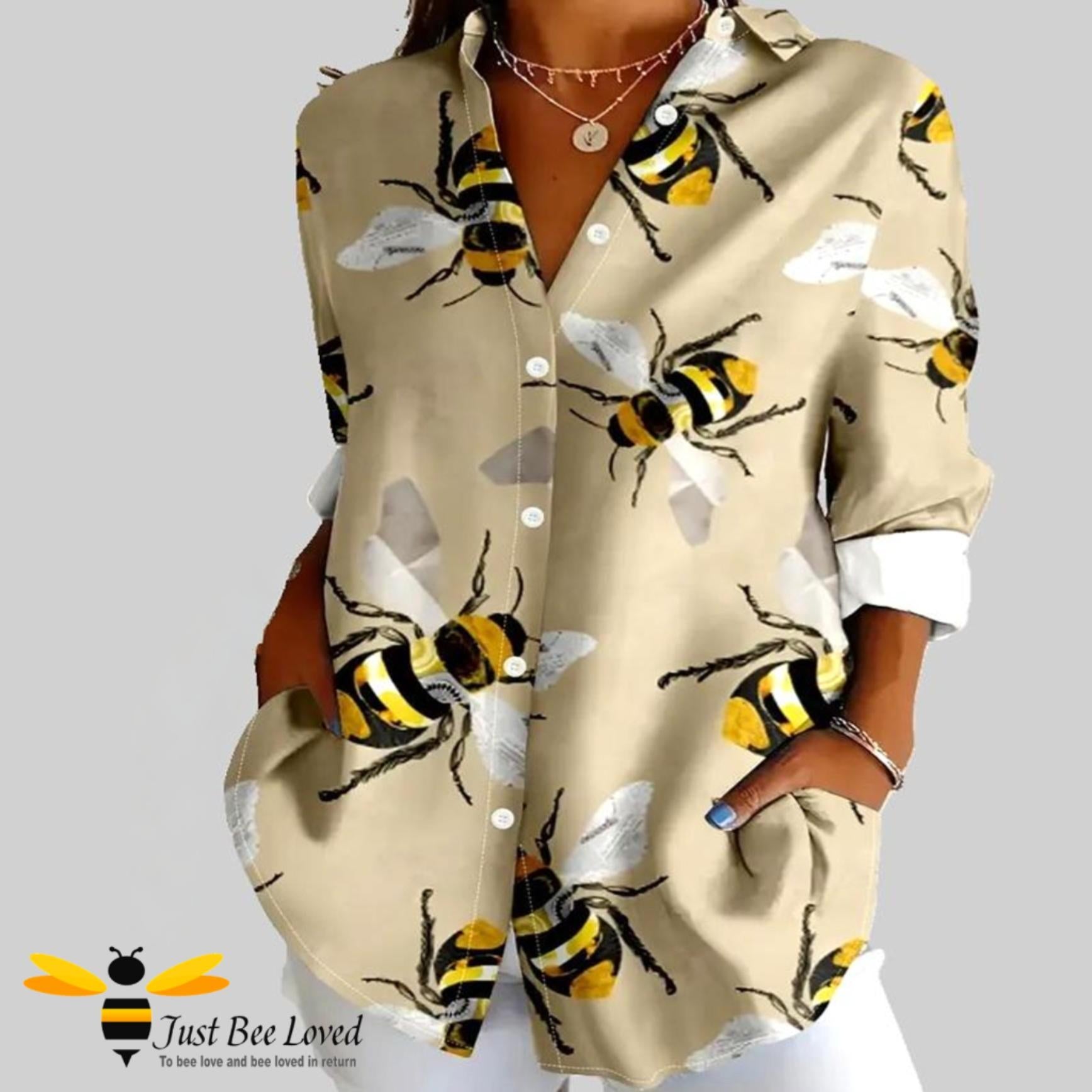 Women's bee print beige pastel orange blouse shirt top