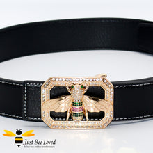 Load image into Gallery viewer, Women&#39;s black leather belt with gold rhinestone crystal bee buckle