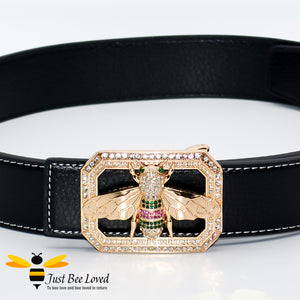 Women's black leather belt with gold rhinestone crystal bee buckle