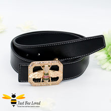Load image into Gallery viewer, Women&#39;s black leather belt with gold rhinestone crystal bee buckle