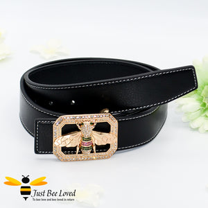 Women's black leather belt with gold rhinestone crystal bee buckle
