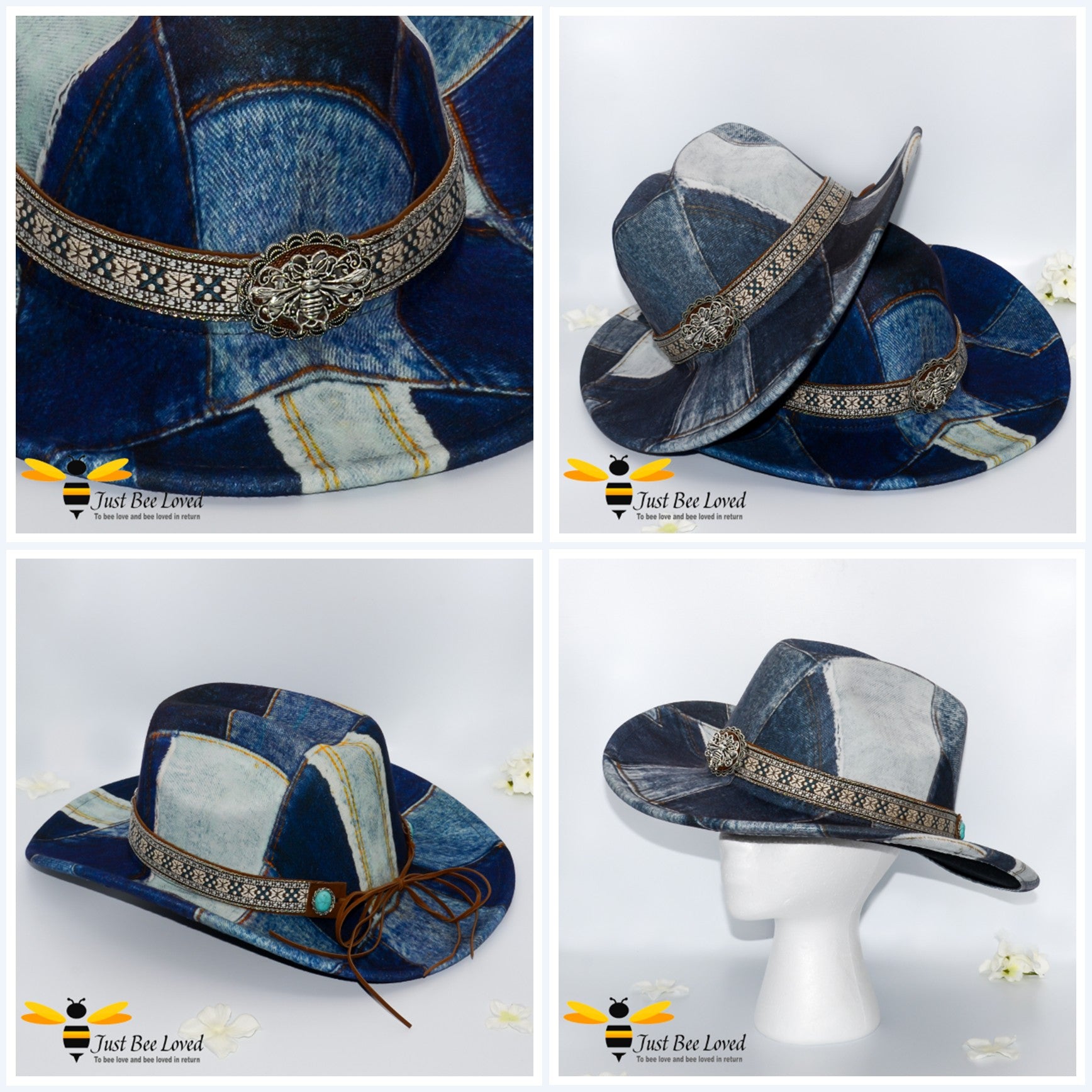 Women's Blue Denim Patchwork Style Cowboy Western Fedora Bee Hat