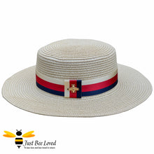 Load image into Gallery viewer, Women&#39;s natural beige Boater Panama  bee banded straw hat