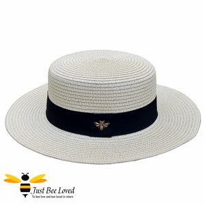 Women's natural beige Boater Panama  bee straw hat