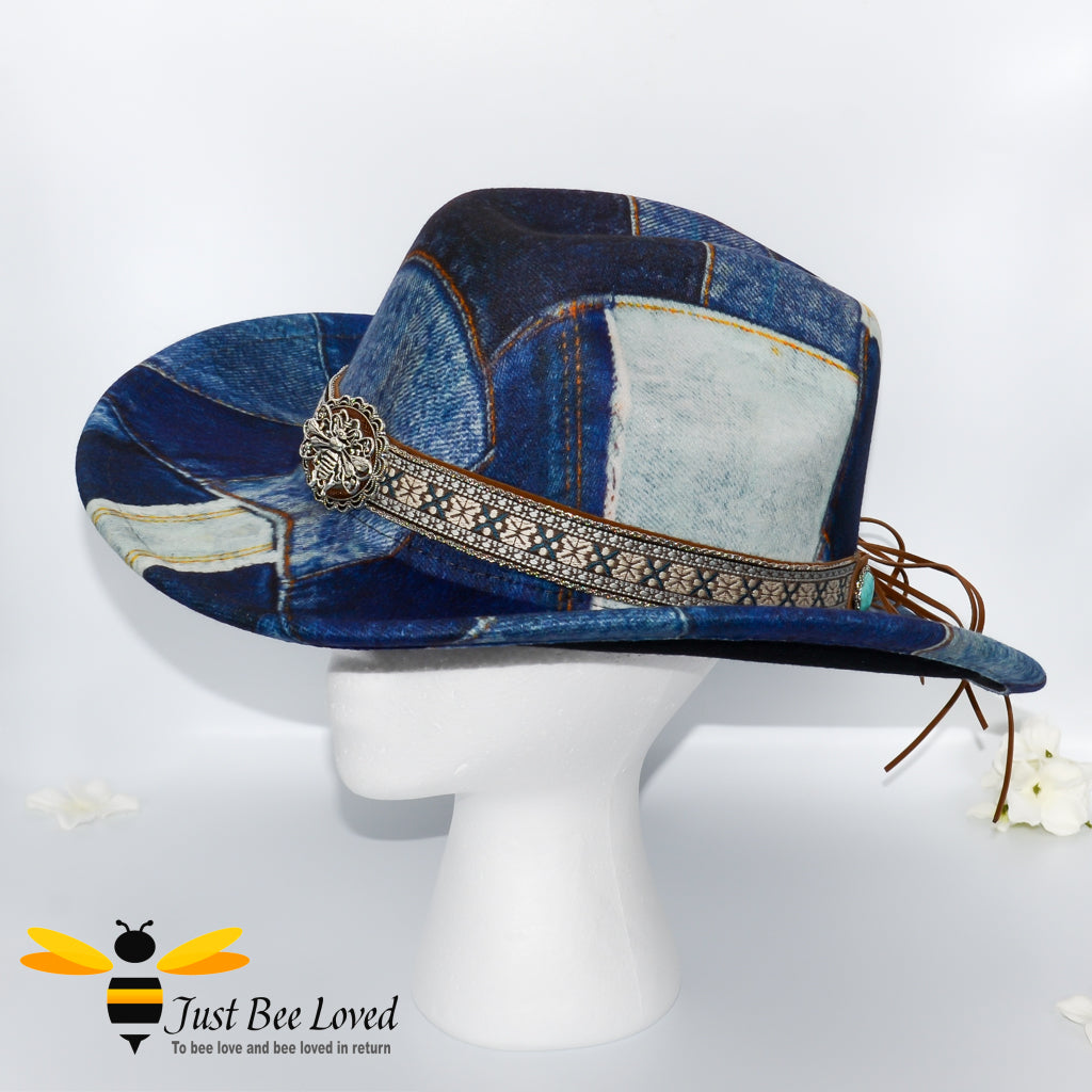 Women's Dark Blue Denim Patchwork Cowboy Western Style Fedora Bee Hat