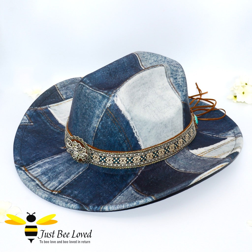 Women's denim cowboy western style fedora bee hat