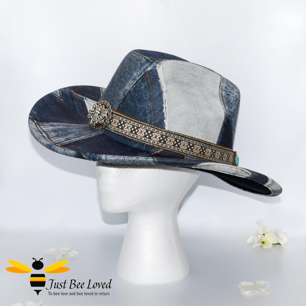 Women's Light Blue Denim Patchwork Cowboy Western Style Fedora Bee Hat