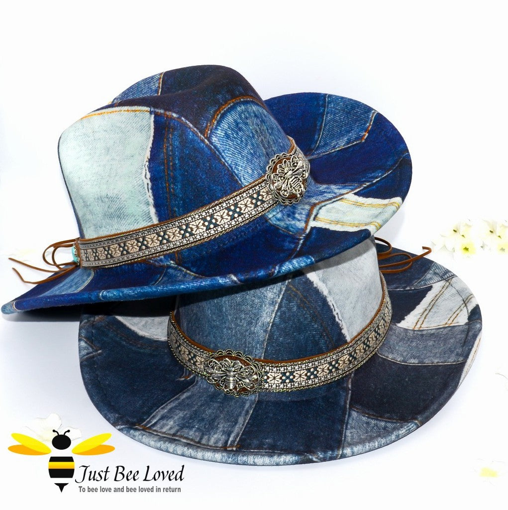 Women's denim patchwork western style cowboy fedora bee hat
