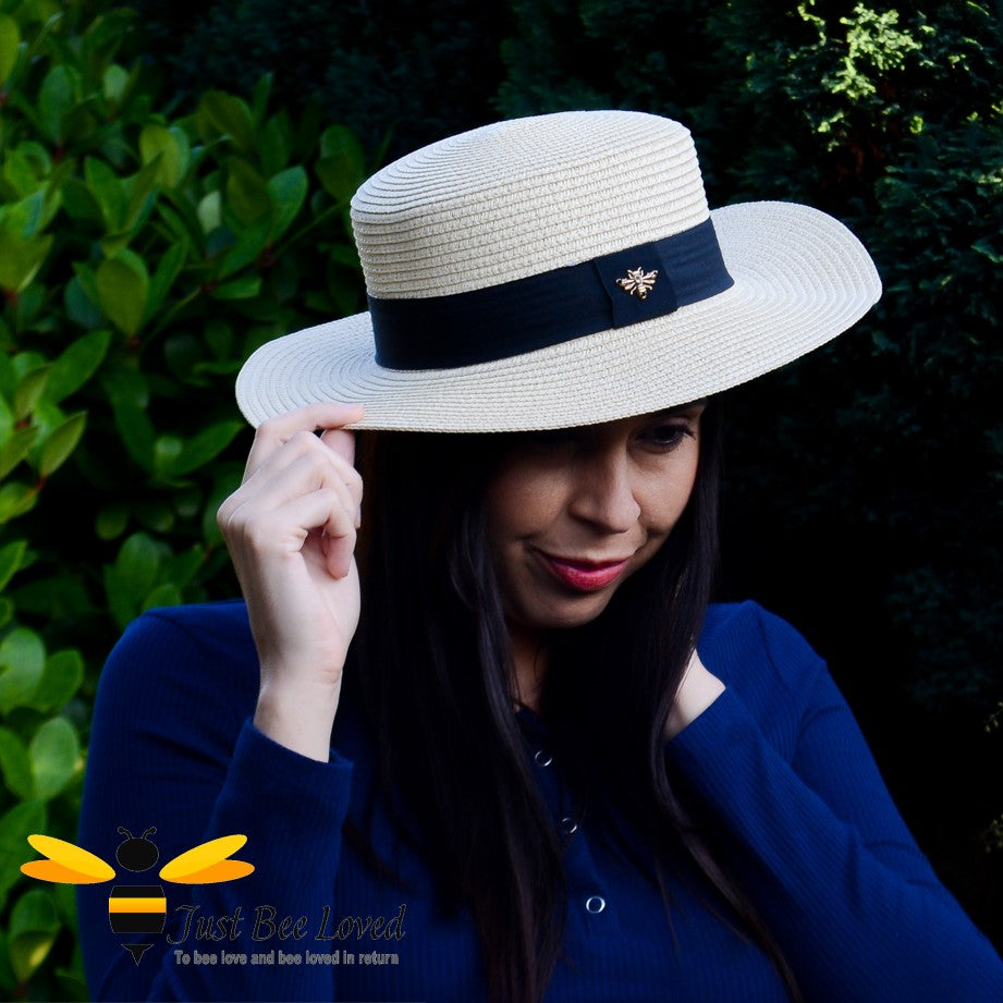 Women's natural cream beige Boater Panama  bee straw hat