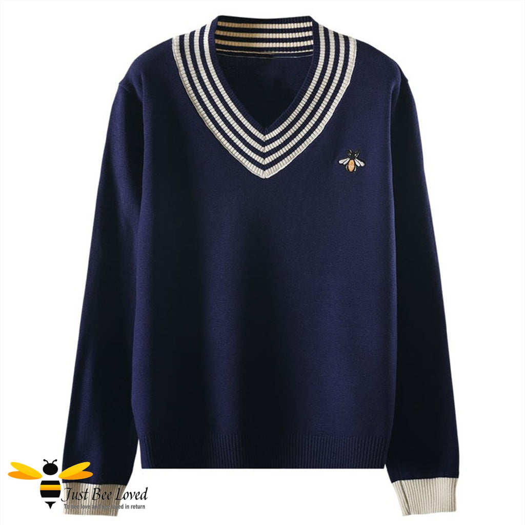 women's v neck navy beige bee jumper sweater