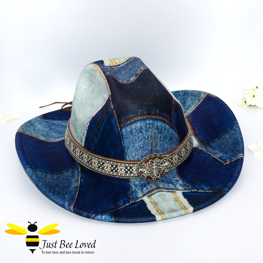 Women's Dark Blue Denim Cowboy Western Style Fedora Bee Hat