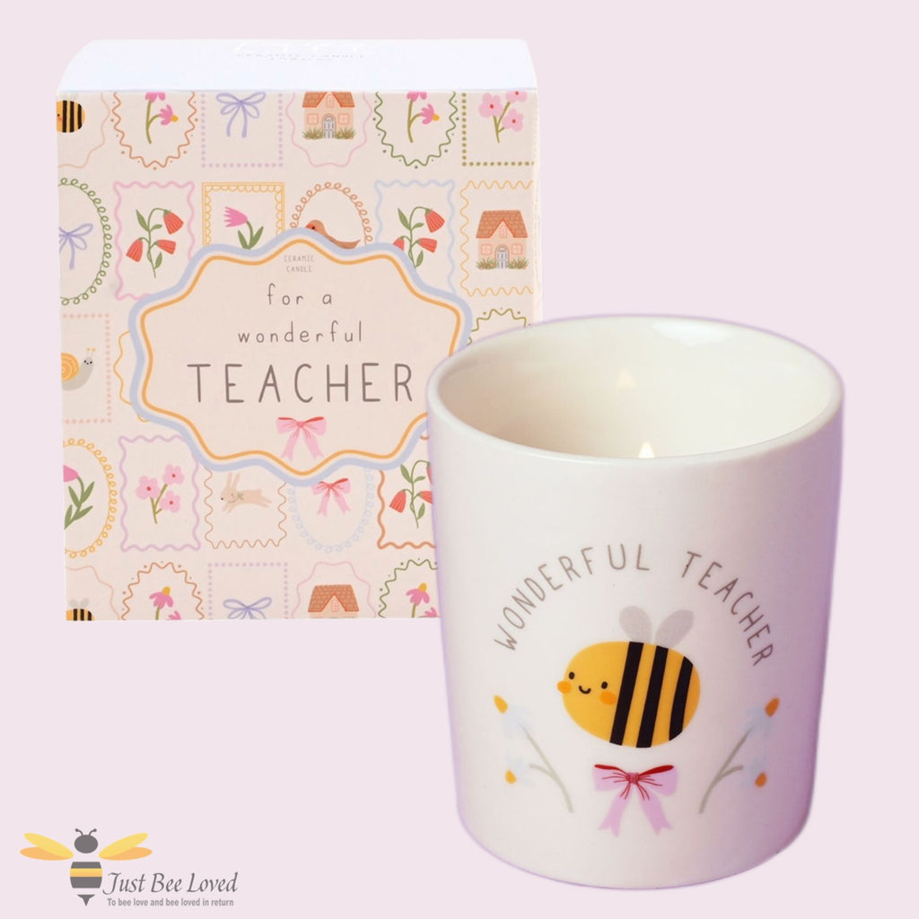 Ceramic candle with bee design and 'Wonderful Teacher' text, with matching gift box.