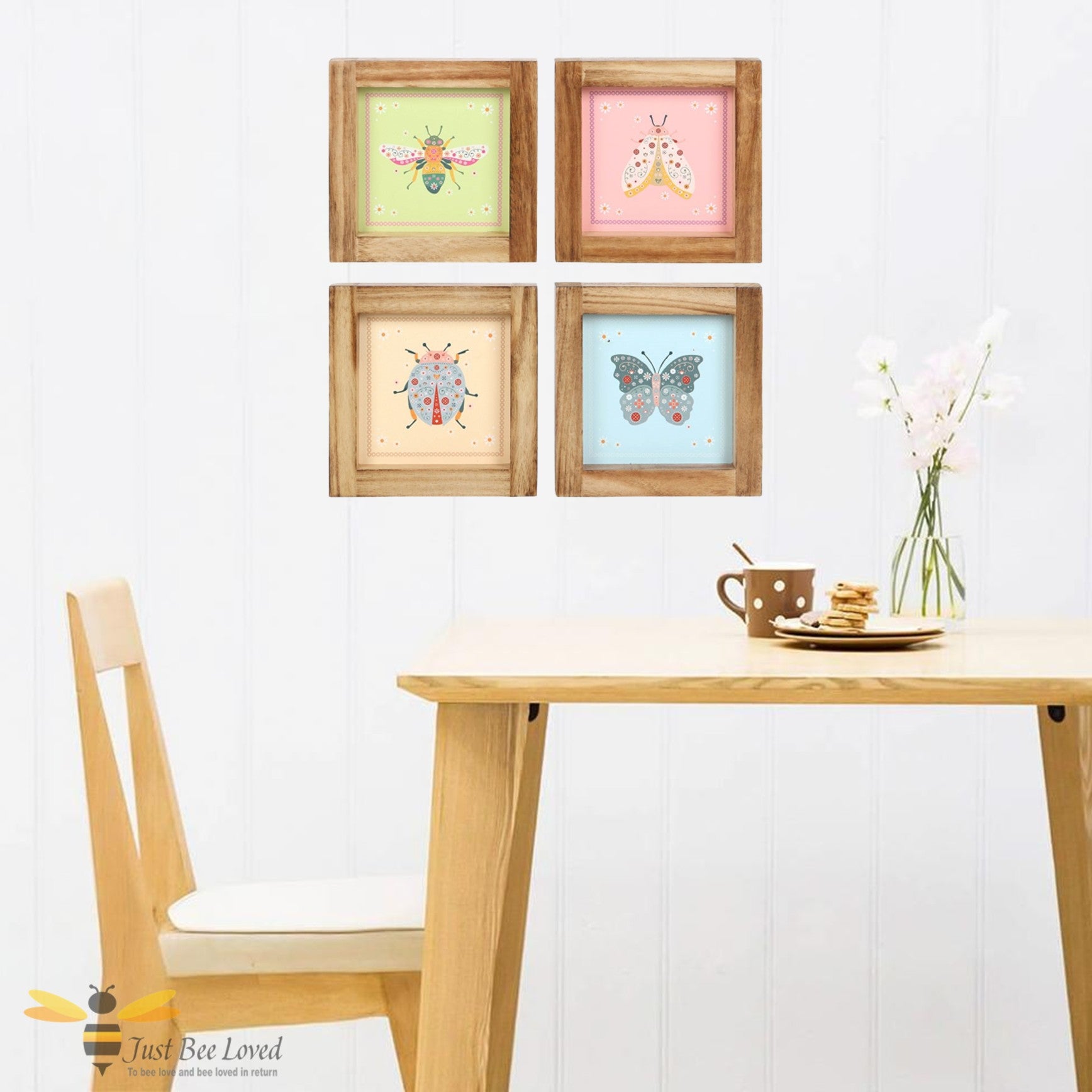 Set of 4 wood framed bee and pollinators wall art set.