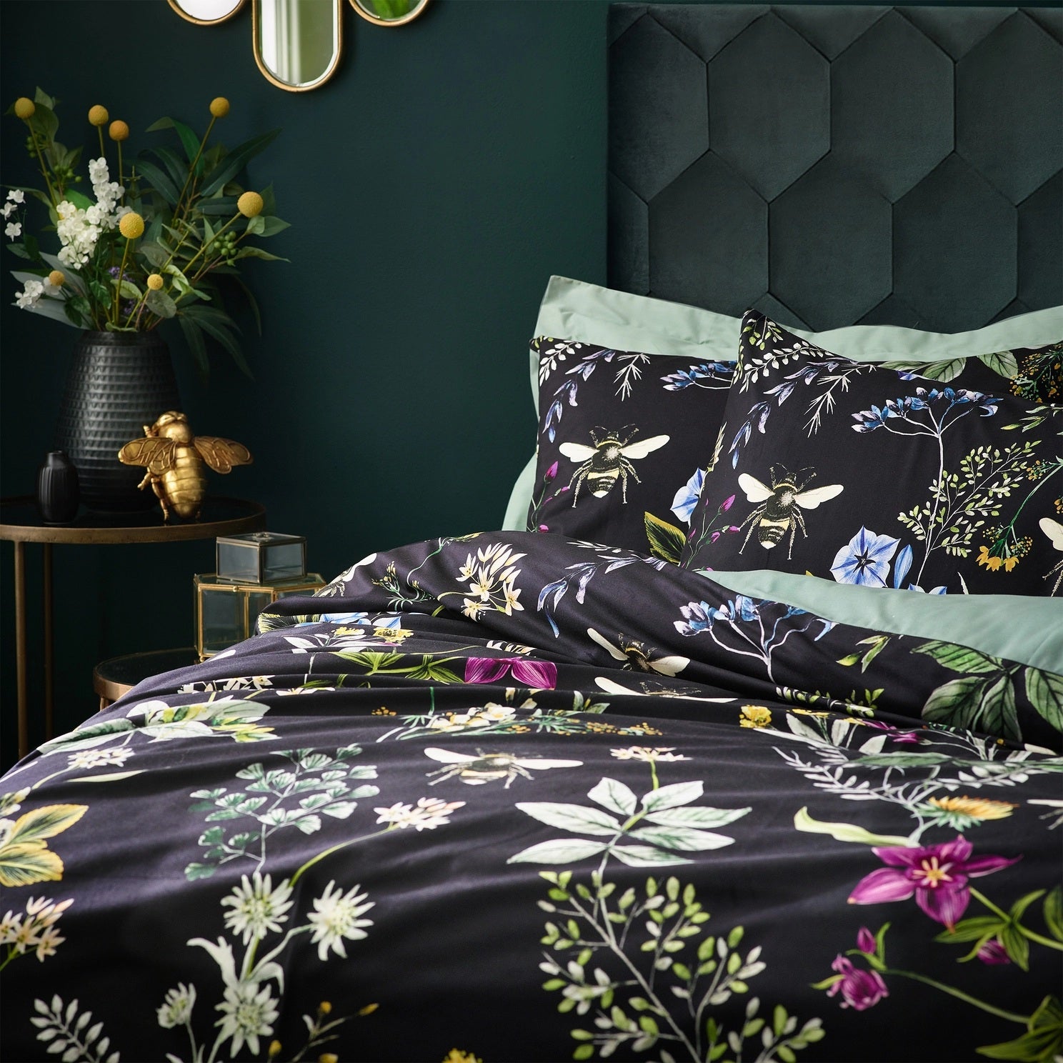 Wylder midnight black bee floral velvet duvet cover set.