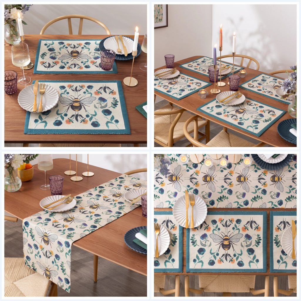 Set of table placemats and table runners with bee and floral design.