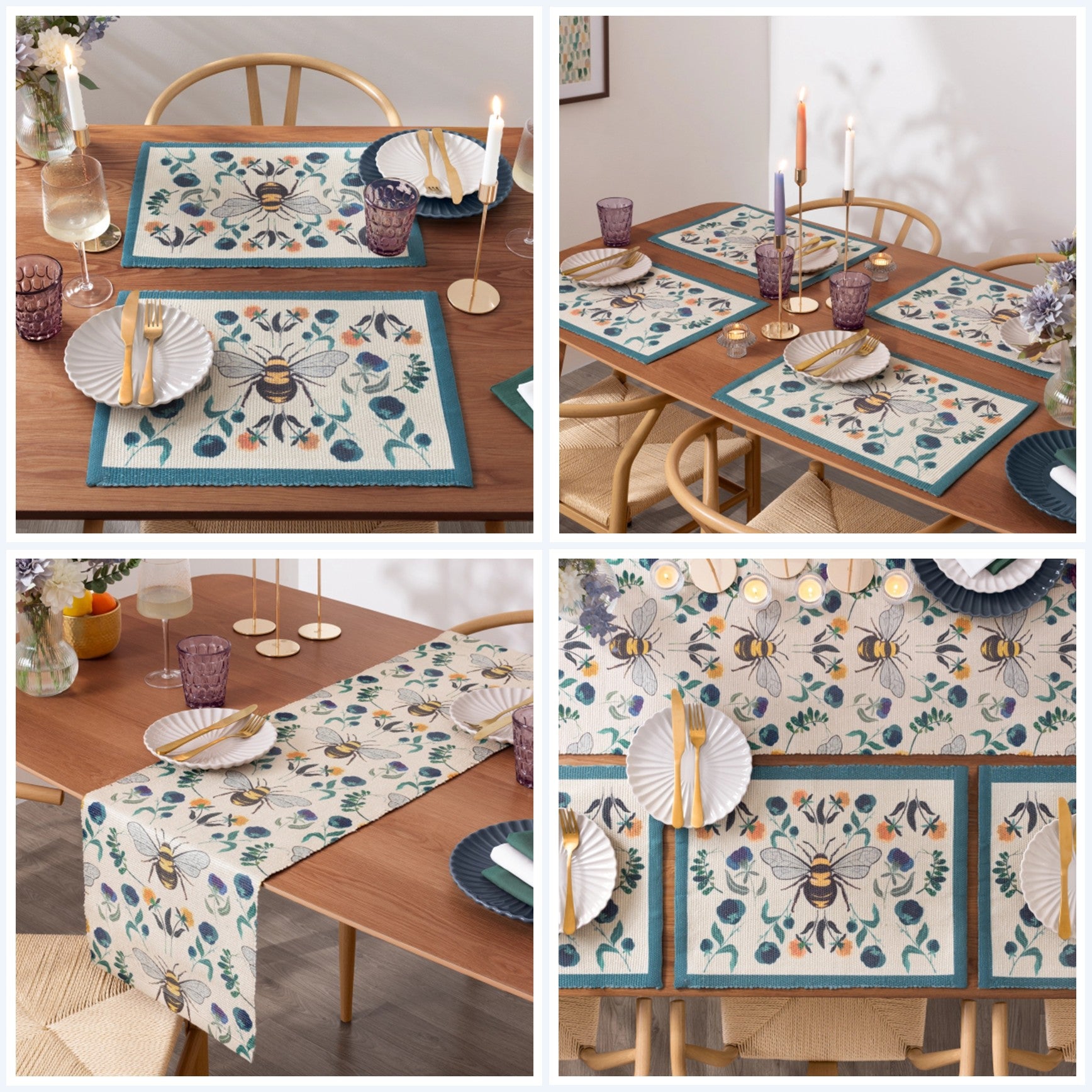 Set of table placemats and table runners with bee and floral design.