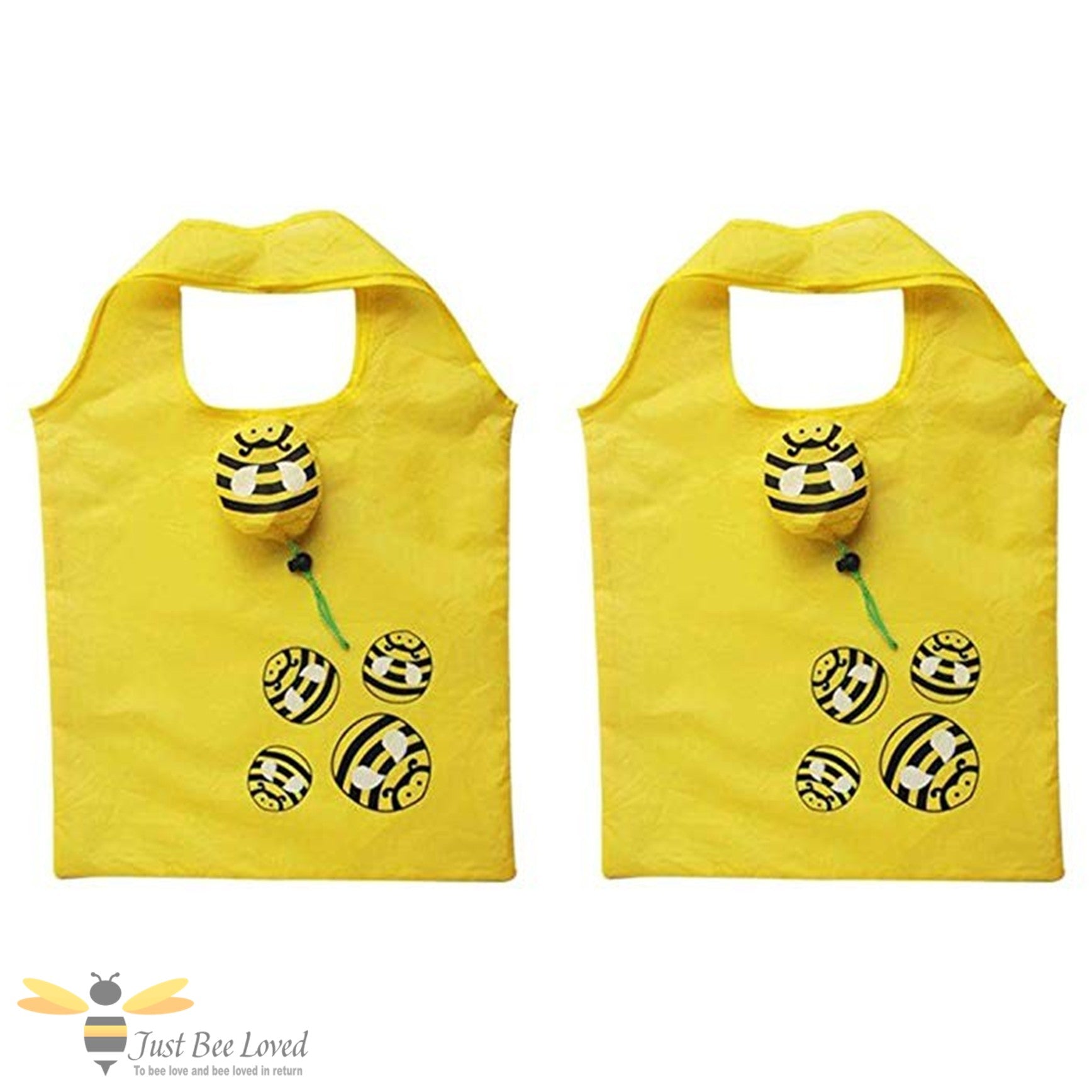 Two yellow foldable bags with bee designs with carry pouch.