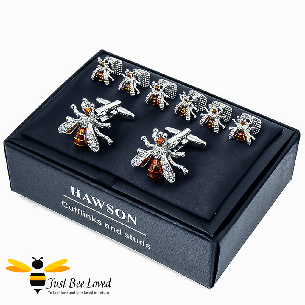 Hawson Crystal Bee Cufflinks Tuxedo Shirt Studs Set