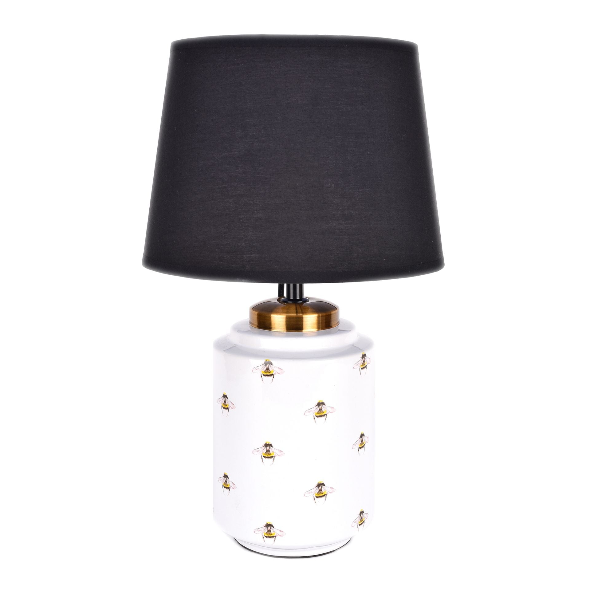 white ceramic bee table lamp with black cotton shade