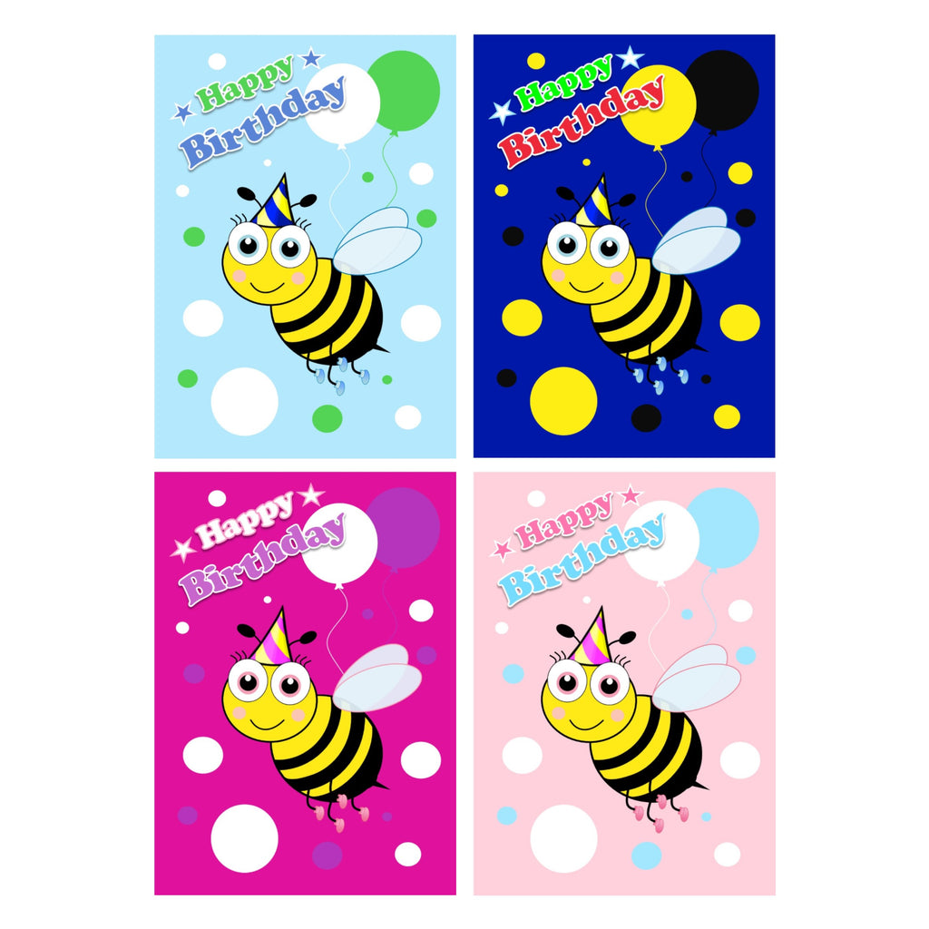 a value pack of colourful children's bee themed birthday cards featuring cartoon illustration of a bee wearing a party hat, holding colourful balloons.