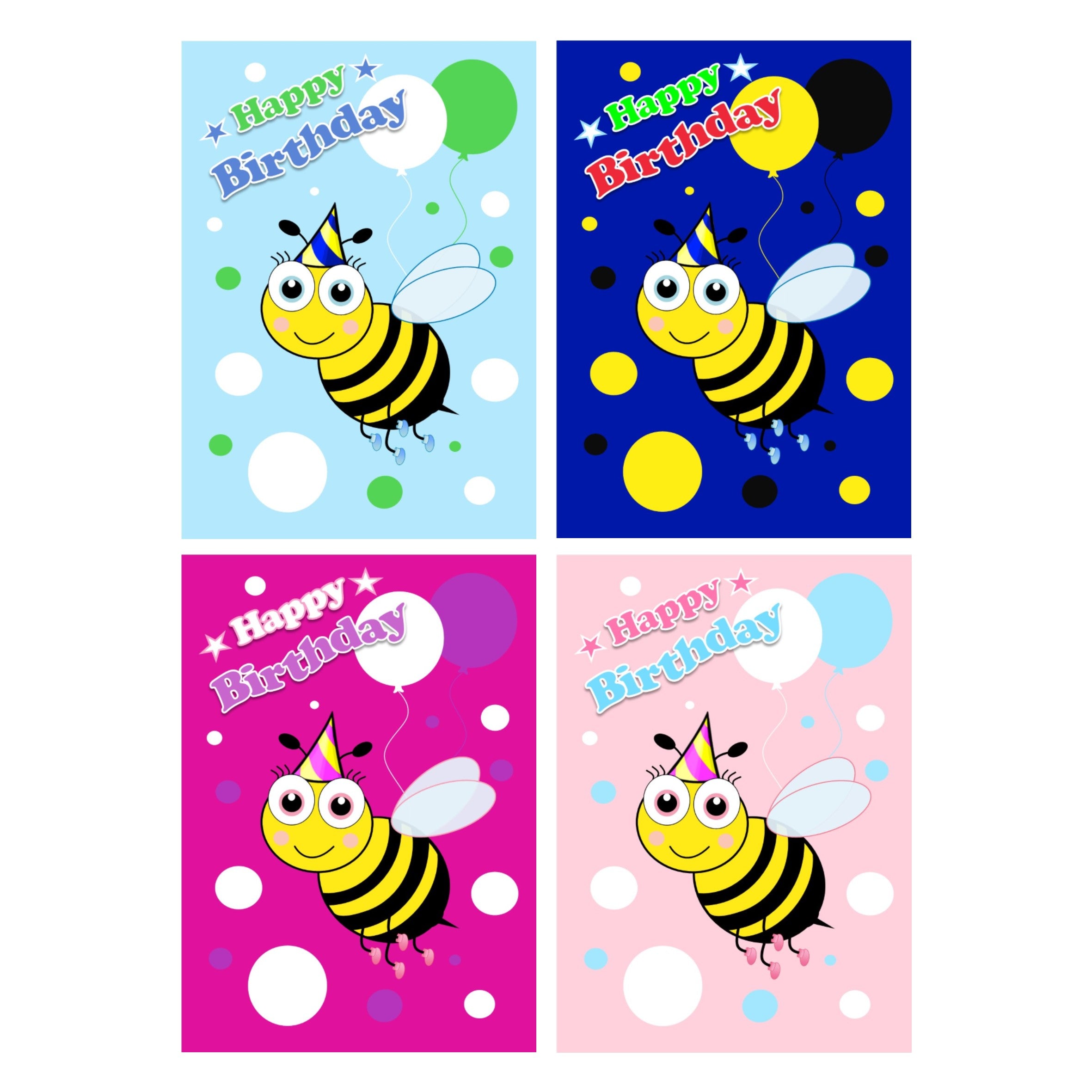a value pack of colourful children's bee themed birthday cards featuring cartoon illustration of a bee wearing a party hat, holding colourful balloons.