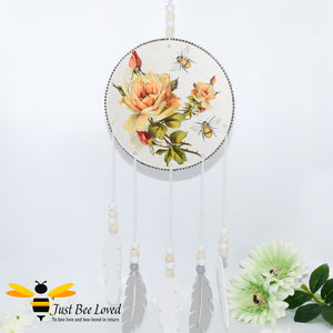 Handmade wooden dream catcher with bumble bees, rose flowers, crystals