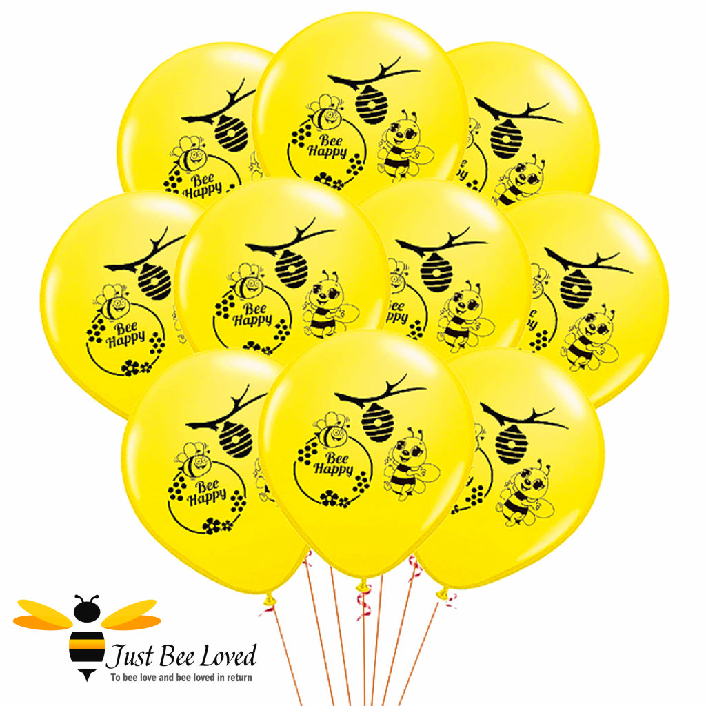 10 yellow balloons with Bee Happy text, cute honeybees and a beehive.