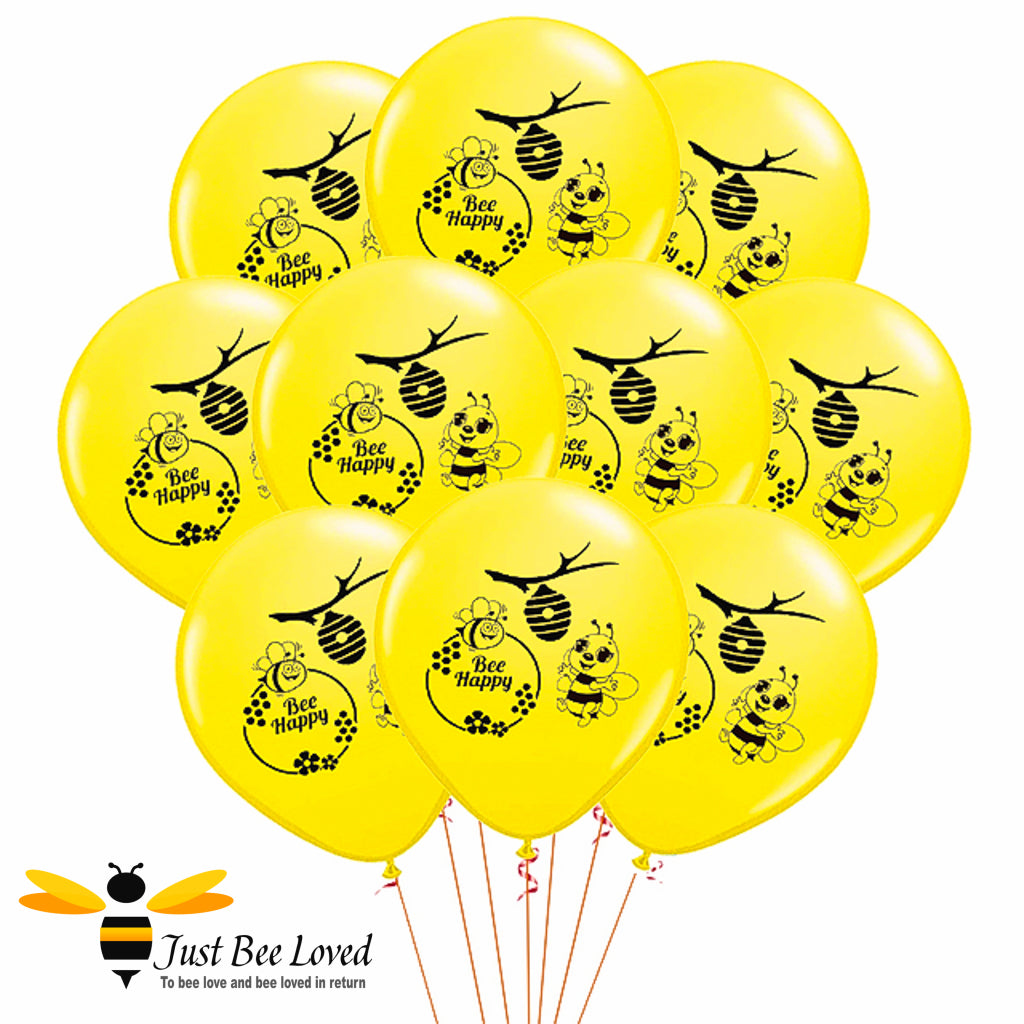 10 yellow balloons with Bee Happy text, cute honeybee & hive