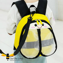 Load image into Gallery viewer, Just Bee Loved Children&#39;s Safety Harness Backpacks in the style of bumble bees four colours pink red blue and yellow