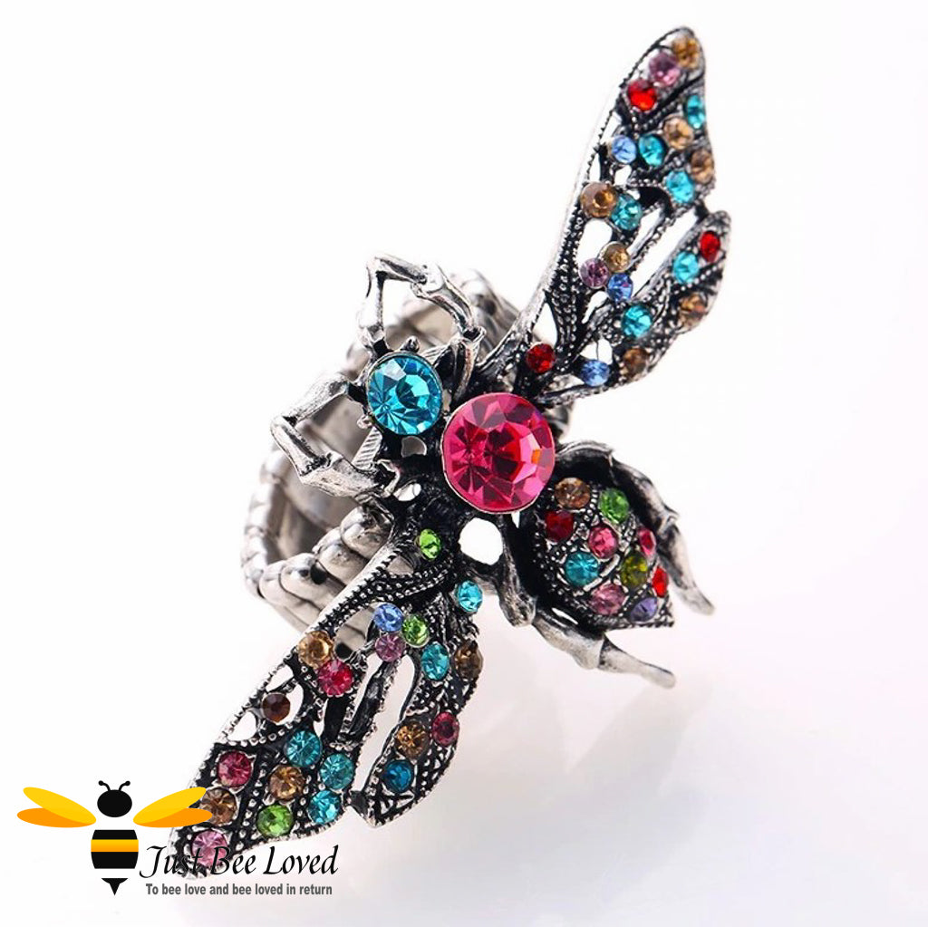 Rhinestone Bee Antique Silver Statement Ring Trendy Fashion Jewellery