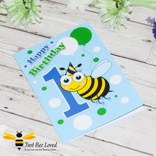 Load image into Gallery viewer, image of a blue 1st birthday bee greeting card featuring a cartoon illustration of an infant bee in a party hat next to the number 1.