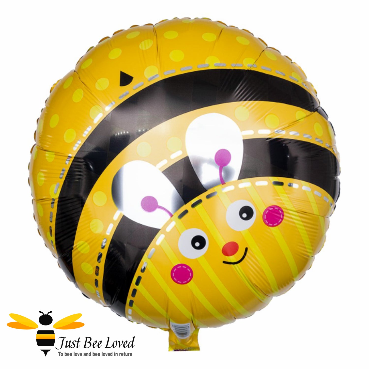 A bee themed round foil balloon in yellow and black colour with a bee face.