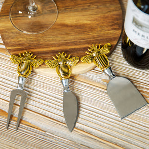 3 piece stainless steel cheese knife set with brass bee handles