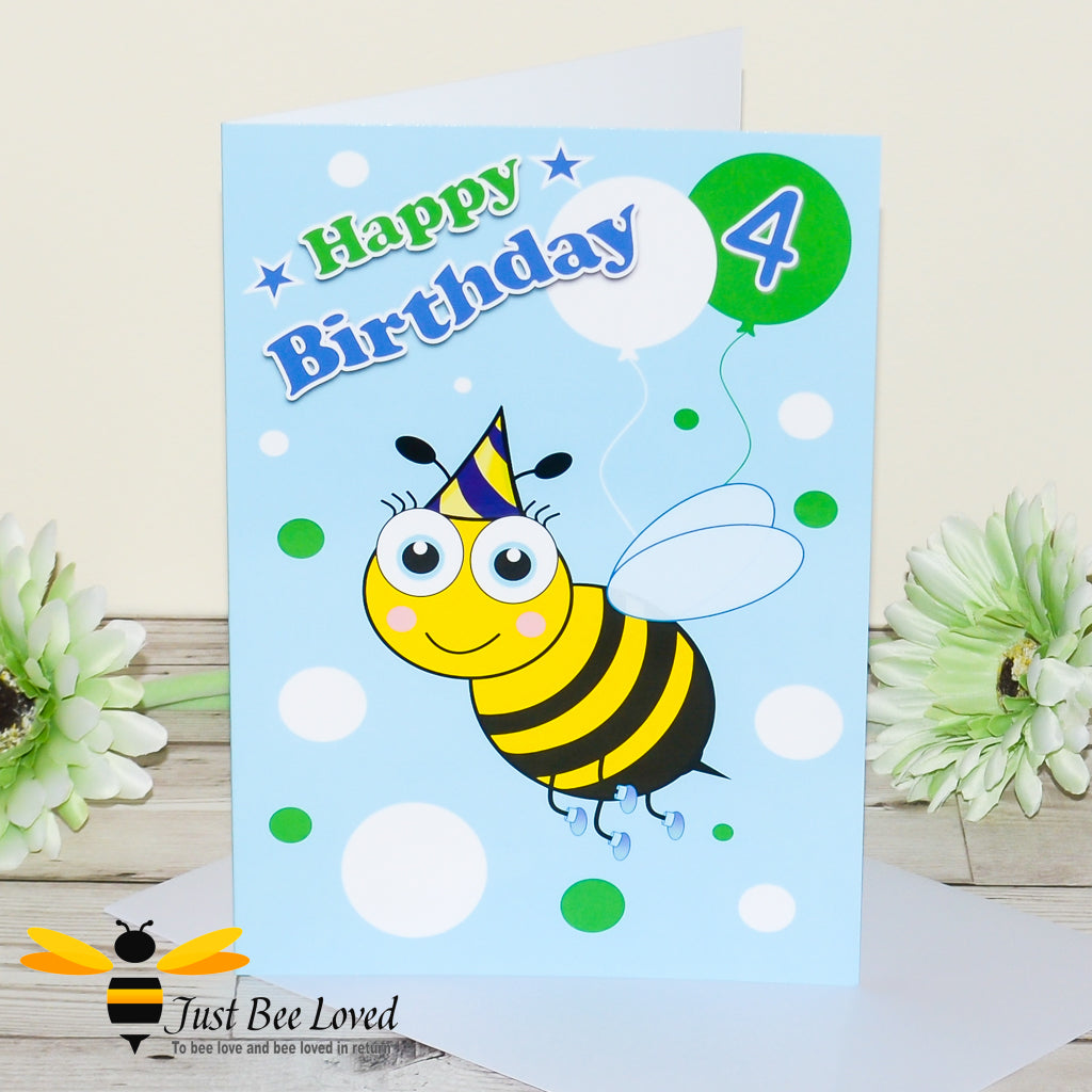 a birthday bee card for boy featuring a cartoon bee wearing a party hat, colourful balloons with the number 4 and 'Happy Birthday' text.