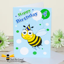 Load image into Gallery viewer, a birthday bee card for boy featuring a cartoon bee wearing a party hat, colourful balloons with the number 4 and &#39;Happy Birthday&#39; text.