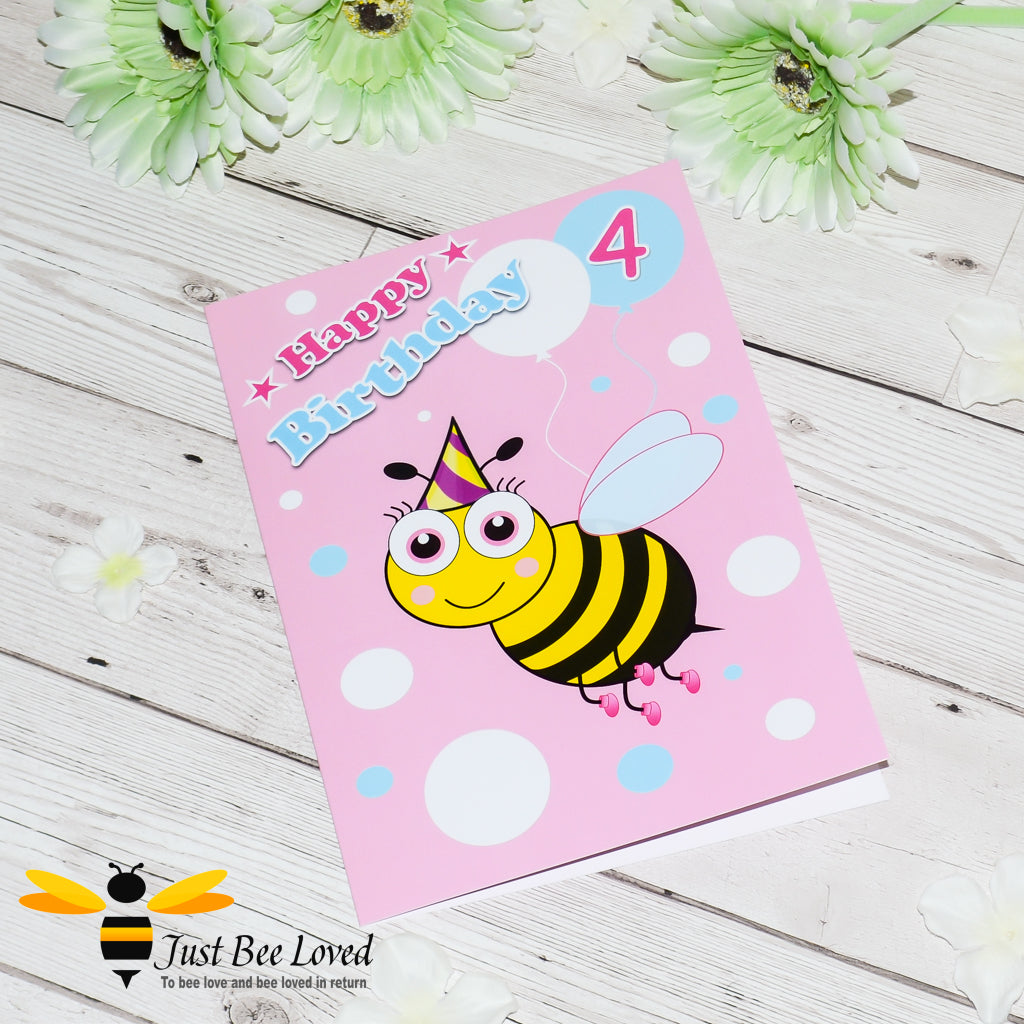 A colourful birthday greeting card for a 4-year-old girl featuring a cartoon bee design.