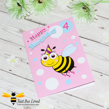 Load image into Gallery viewer, A colourful birthday greeting card for a 4-year-old girl featuring a cartoon bee design.