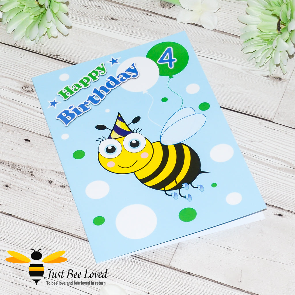 A blue greeting card featuring a cartoon bee with a party hat on, holding a balloon with the number 4, along with text that reads 'Happy Birthday'.