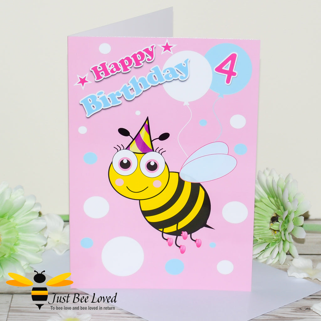 a pink with white and blue balloons birthday bee card featuring a cartoon bee wearing a party hat and the number 4.