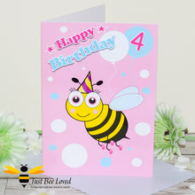Load image into Gallery viewer, a pink with white and blue balloons birthday bee card featuring a cartoon bee wearing a party hat and the number 4.