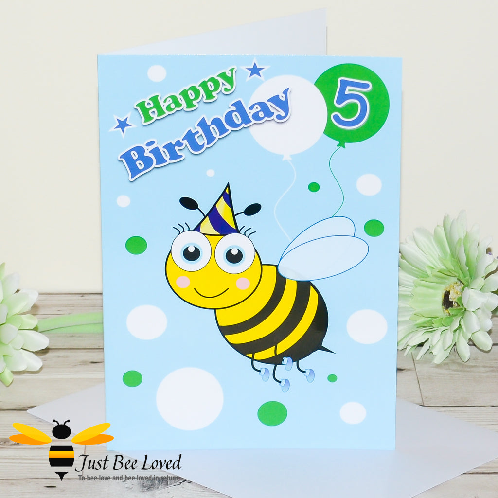 a 5th birthday greeting card for a boy featuring a cartoon bee wearing a party hat and holding a balloon with the number 5.