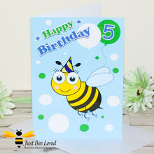 Load image into Gallery viewer, a 5th birthday greeting card for a boy featuring a cartoon bee wearing a party hat and holding a balloon with the number 5.