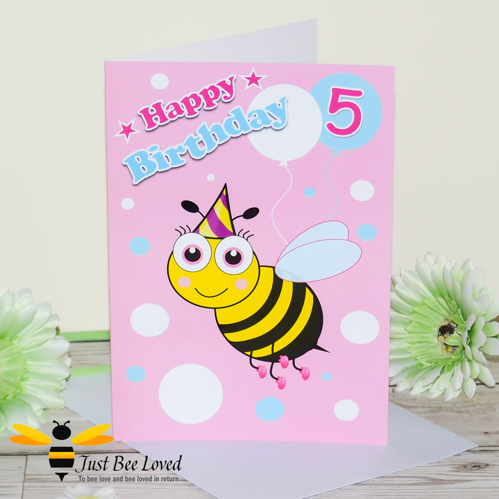 a colourful birthday bee themed card featuring a cartoon bee illustration, balloons with the number 5 and 'Happy Birthday' text.