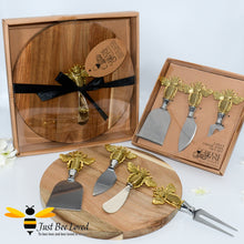 Load image into Gallery viewer, 3 piece stainless steel cheese knife set with brass bee handles. Cheese board with bee spreader gift set