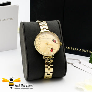 Amelia Austin Gold Stainless Steel Bracelet Bumble Bee Watch with red Swarovski crystals